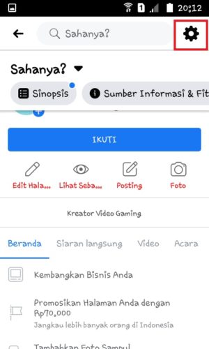 Cara menambahkan admin di halaman Facebook 5 Tap “icon roda gigi” untuk masuk ke menu "Pengaturan".