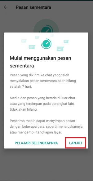 Cara mengaktifkan pesan sementara di WhatsApp 4 klik lanjut untuk setuju