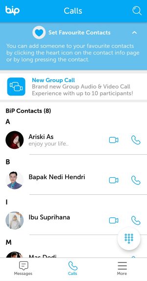 Tampilan halaman "Calls" pada aplikasi Bip
