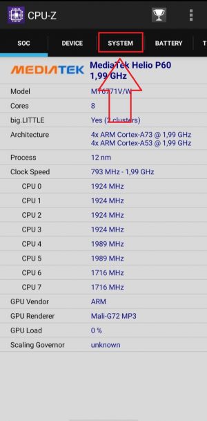 pilh tab menu 'sistem' di aplikasi CPU Z