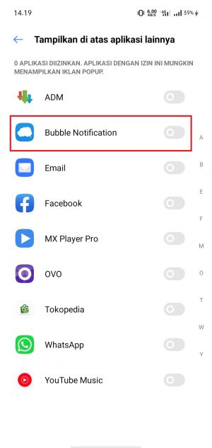 tap aplikasi bubble notification