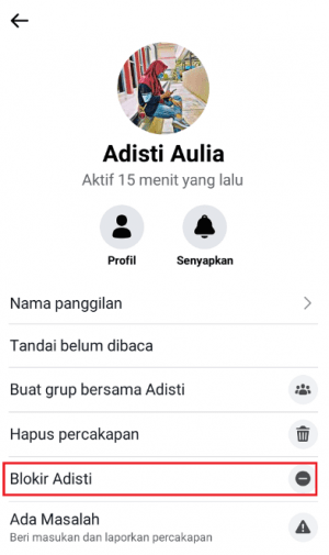Pilih opsi “Blokir Adisti” untuk memblokir pesan atas nama “Adisti” sebagai contohnya