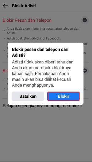 Cara blokir pesan di Facebook (agar tidak bisa di chat) 5 Pilih “Blokir” jika sudah yakin ingin memblokir