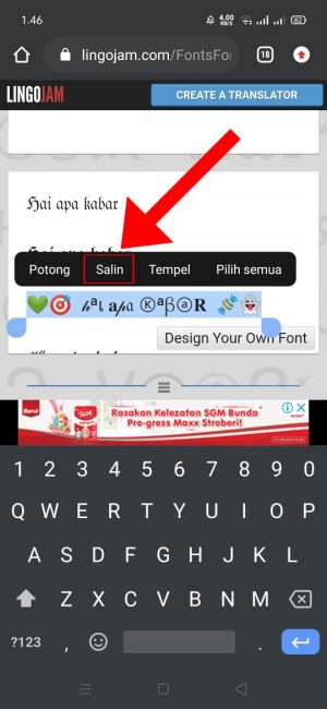 Cara membuat tulisan unik di WhatsApp 29 "Pilih" dan tekan "salin"