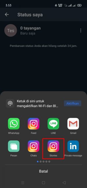 Cara share status WhatsApp ke Instagram atau facebook 7 "pilih" dan tekan "stories"