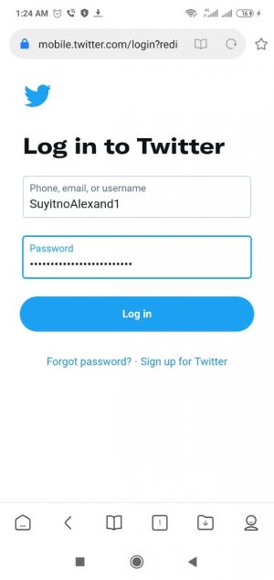 Memasukkan username dan password akun Twitter yang terkena suspend