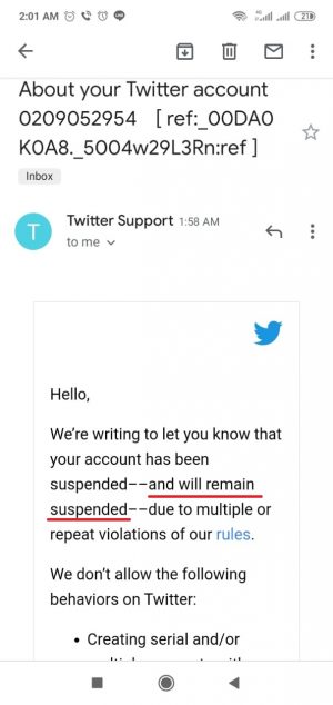 Cara Mengembalikan akun Twitter yang di Suspend 33 Kembali mendapat tanggapan dari Twitter