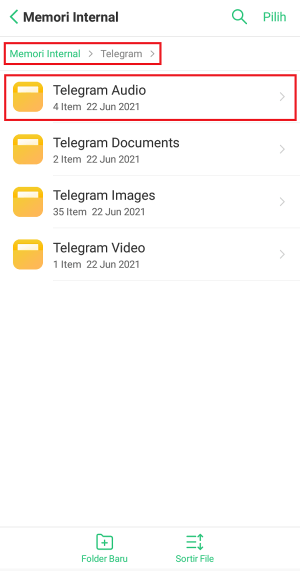 Buka folder Telegram melalui Manager telepon