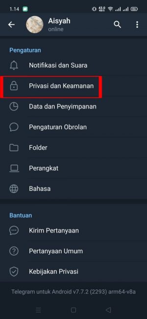 Cara menghapus akun Telegram permanen 3 Pilih dan tekan "privasi dan keamanan"