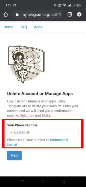 Cara menghapus akun Telegram permanen 7 Pilih dan tekan "your phone number"