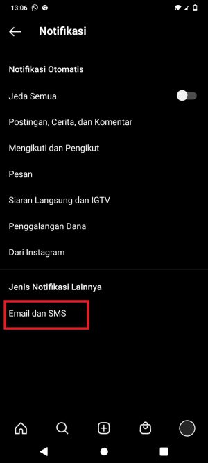 klik Email dan SMS