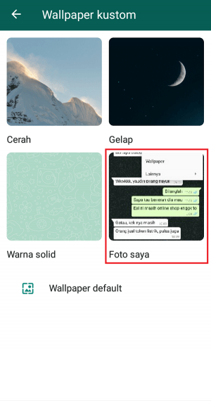 Cara mengganti background atau wallpaper di chat WhatsApp 20 Pilih "Foto saya" untuk masuk ke galeri HP
