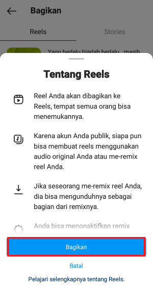 Apa itu Reels dan Cara membuat Reels di Instagram (Panduan Pemula) 12 Pilih "Bagikan" untuk mengupload