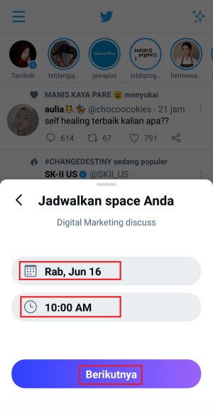 Cara menggunakan fitur Spaces di Twitter 12 Menyesuaikan tanggal dan waktu Spaces