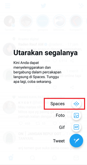 Pilih "Spaces" untuk menggunakan fitur Twitter Spaces