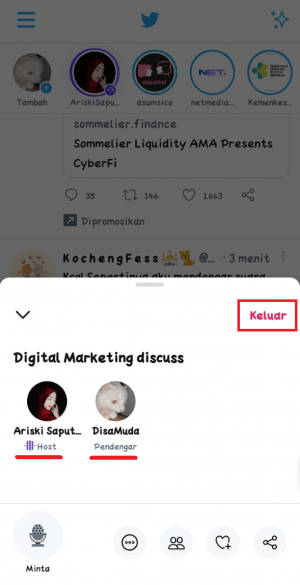 Cara menggunakan fitur Spaces di Twitter 24 Tampilan ketika sudah terkoneksi dengan Spaces