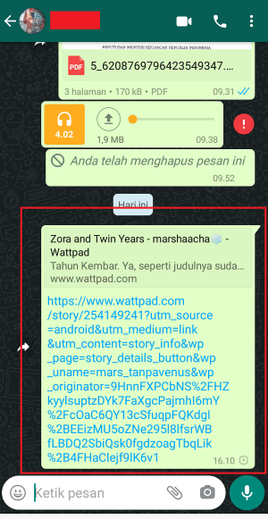 Tampilan link yang sudah terkirim di Whatsapp