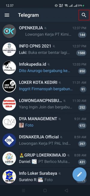 Cara mengirim tulisan dengan font unik di Telegram 1 Klik dan pilih "icon pencarian"