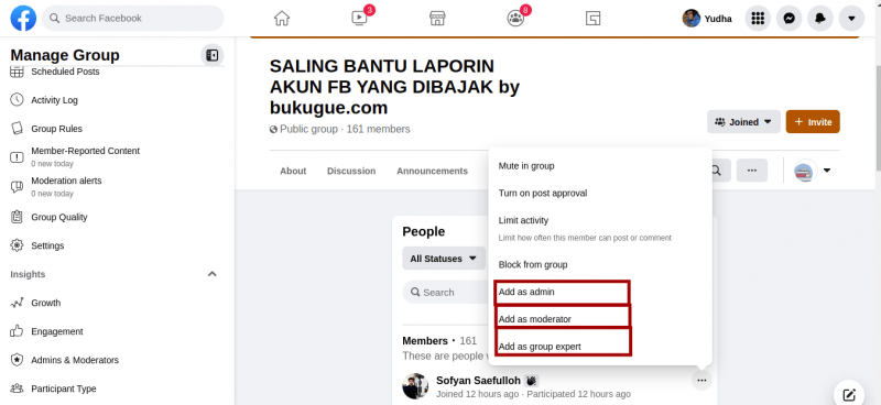 Cara Menambah Admin atau Moderator di Grup Facebook 1 Ada 3 peran yang bisa dipilih disini, tapi peran yang terakhir "group expert" tidak memiliki wewenang apapun