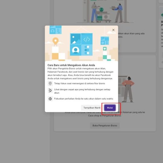 Cara membuat akun bisnis manager di Facebook 4 Klik dan pilih "mulai"