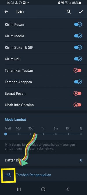 Cara Membuat Hanya Admin Yang Bisa Chat di Grup Telegram 6 Daftar pengecualian