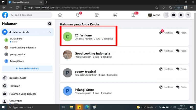 Cara menghapus halaman yang kita buat di Facebook 10 Pilih dak tekan "cc fashione"