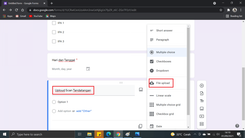 Cara Membuat Absen di Google Form dengan Tanda Tangan 6 Pilih dan klik "file uploud"