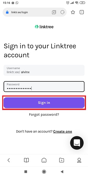 Masukan Username dan password untuk masuk ke Linktree. 