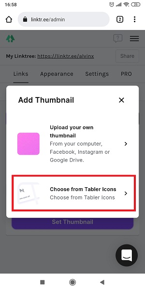 Tap “Choose from Tablet Icons” untuk memilih thumbnail yang sudah disediakan.
