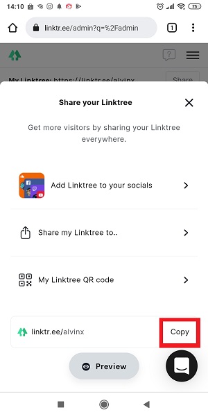 Apa itu Linktree? Bagaimana Mengatur dan Menggunakan Linktree 66 Tap "Copy" untuk meng-copy link menuju laman Linktree.