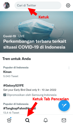 Cara Menghapus History Pencarian di Twitter (di HP dan PC) 1 Ketuk Cari di Twitter