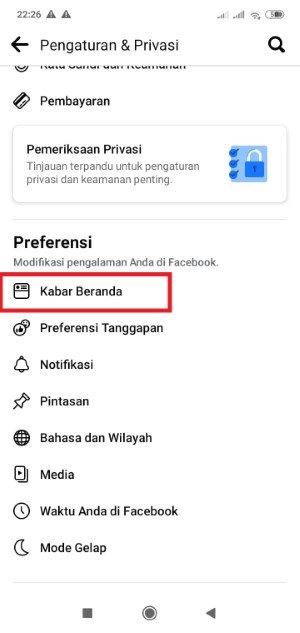 Masuk ke Kabar Beranda di pengaturan Facebook