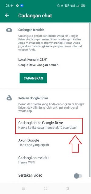 tap menu pengaturan "Cadangkan ke Google Drive"