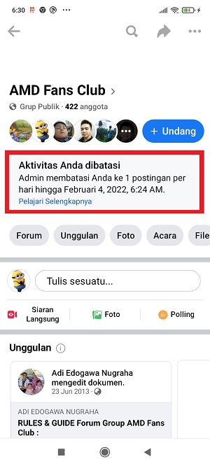 Cara memposting tulisan/foto/video ke grup Facebook 36 Aktivitas sedang dibatasi