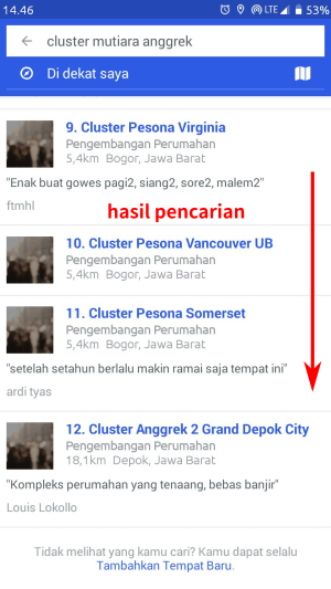 Cara menambahkan lokasi baru di WhatsApp (untuk pemula) 4 Scroll terus ke bawah untuk mendapatkan hasil pencarian nama tempat di kolom pencarian Foursquare selanjutnya.