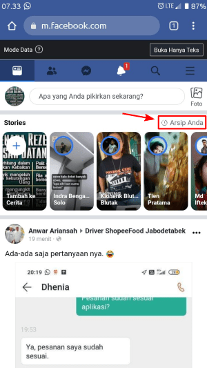 Cara melihat arsip cerita Facebook 14 Tekan tulisan Arsip Anda untuk membuka arsip cerita Facebook-mu.