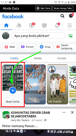 Cara membuat story Facebook pakai musik dan lirik 1 Tekan Buat Cerita di beranda aplikasi Facebook.
