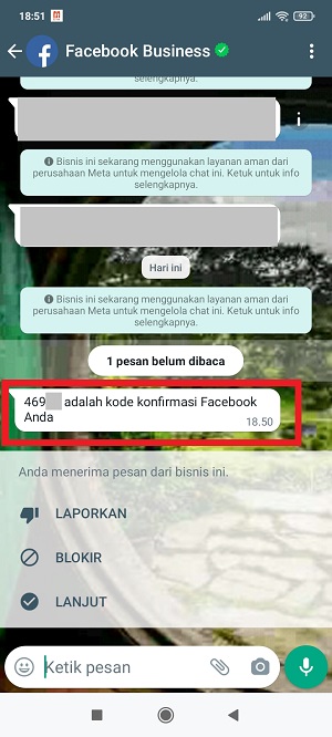 Cara menambahkan nomor atau link WA di FB (Lengkap) 27 Catat kode yang kamu dapatkan dari Facebook.