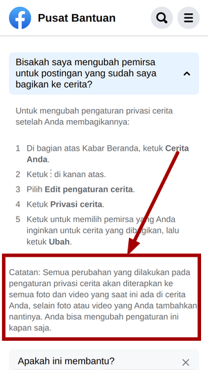 Cara mengatur privasi story FB (Teman/Sembunyikan dari/Khusus) 25 Penjelasan terkait privasi story di pusat bantuan Faceboook