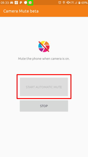 Aplikasi Camera Mute akan aktif hanya dengan cara menekan tombol start automatic mute-nya saja.