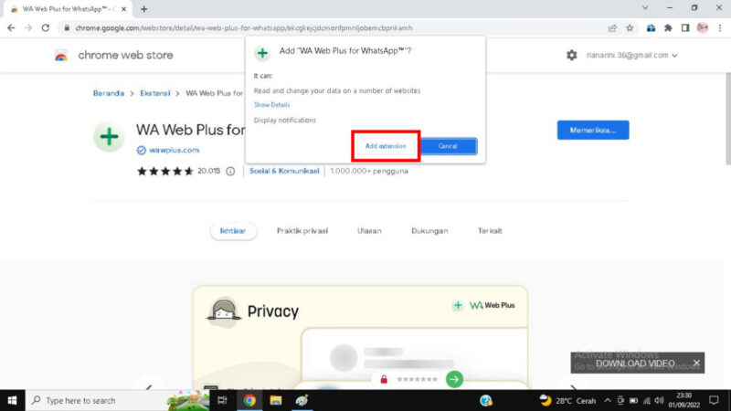 Cara mengunci WhatsApp Web dengan password 2 Klik add extension untuk menambahkan WA Web Plus jadi ekstensi Chrome.