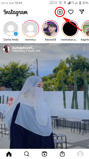 Cara melihat draft postingan Instagram 1 Lagi, tekanlah tombol plus.