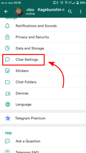 Cara Menjadwalkan Dark Mode Otomatis di Telegram 3 Tampilan menu "Settings" Telegram. Tab Chat Settings.