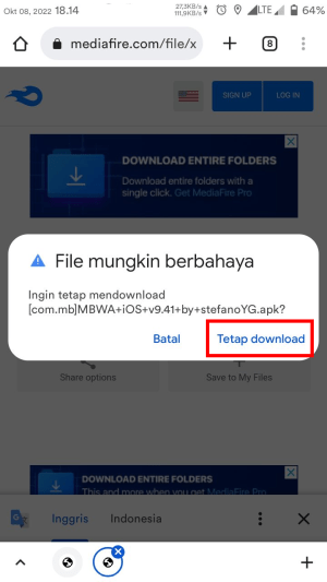 Tab "Tetap Download" saat muncul popup notifikasi "File mungkin berbahaya".