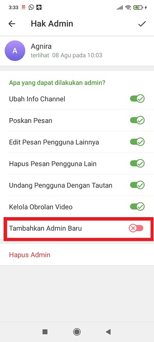 Cara mengalihkan kepemilikan channel Telegram 6 Tap”Tambahkan Admin Baru”,