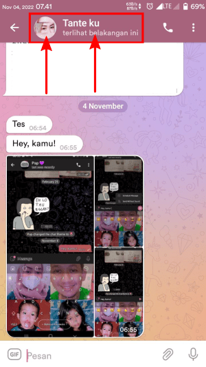 Cara menghapus pesan otomatis di Telegram 1 Tab header, entah itu di foto / nama profil, dari lawan chat kamu.