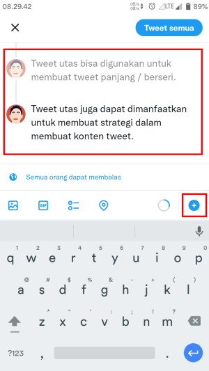 Cara membuat Thread (tweet bersambung) di Twitter 6 Kemudian, tekan tombol plus (+) yang ada di kanan bawah untuk membuat tweet kedua, ketiga, dst.