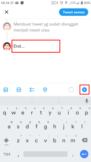 Cara membuat Thread (tweet bersambung) di Twitter 10 Tap ikon plus (+), lalu kamu bisa tambahkan teks, gambar, gif, atau lainnya.