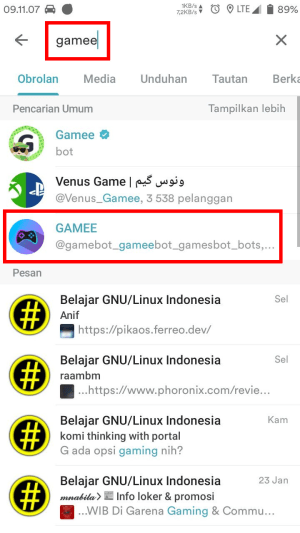 Langsung ketik game untuk mencari grup Gamee di Telegram sehingga kamu bisa memainkan game ringan disana.