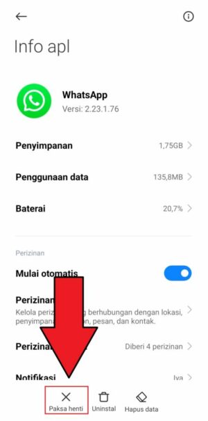 Menonaktifkan WhatsApp sementara tanpa mematikan data seluler (Simpel) 3 Pilih "Paksa henti" untuk menghentikan WhatsApp secara paksa